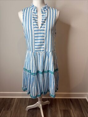 Oliphant Blue & White Striped Tiered Sundress with Teal Trim Size Medium Beach